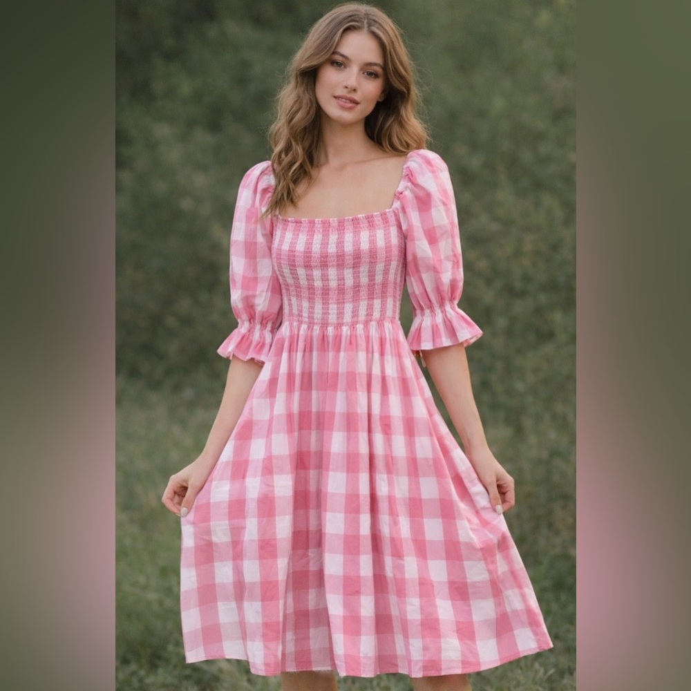 Aura Pink Gingham Puff Sleeve Midi Dress Women’s Size Small
